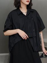 Irregular Clipping Short Sleeves Pleated Pure Color Lapel Blouses&Shirts Tops